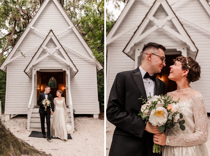 Bride and groom in front of Mary's Chapel at Selby Gardens by Amanda Dawn Photography