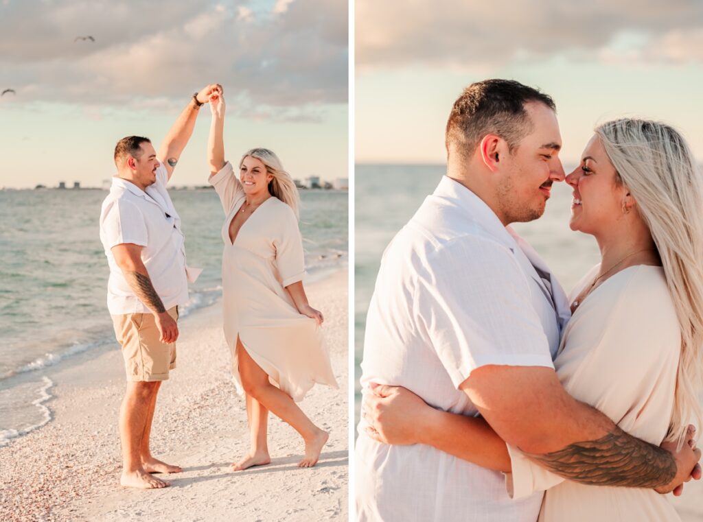 Couple sharing sweet moments during their beach engagement session.
