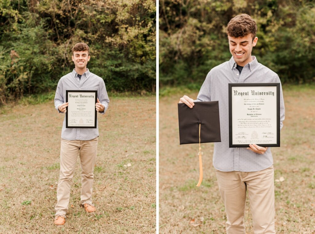 A smiling male graduate holding a diploma and graduation cap.