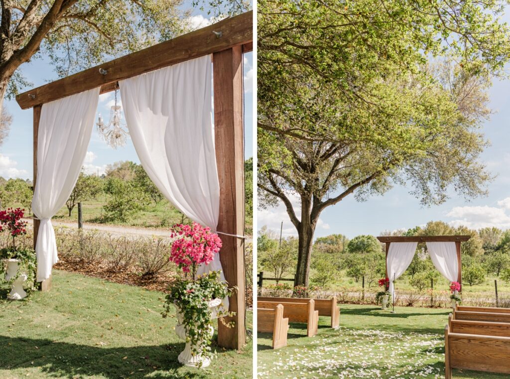 Outdoor ceremony arch with bougainvillea and wooden church pews.
