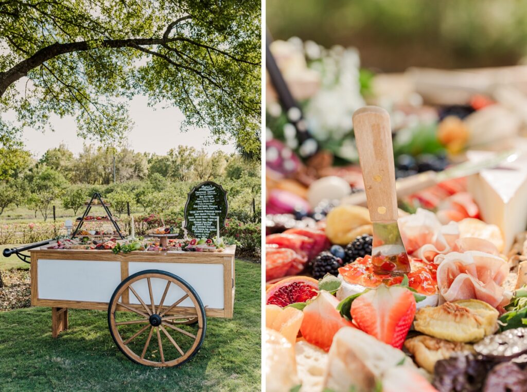Beautifully styled charcuterie spread with a variety of meats, cheeses, and garnishes for a wedding cocktail hour.